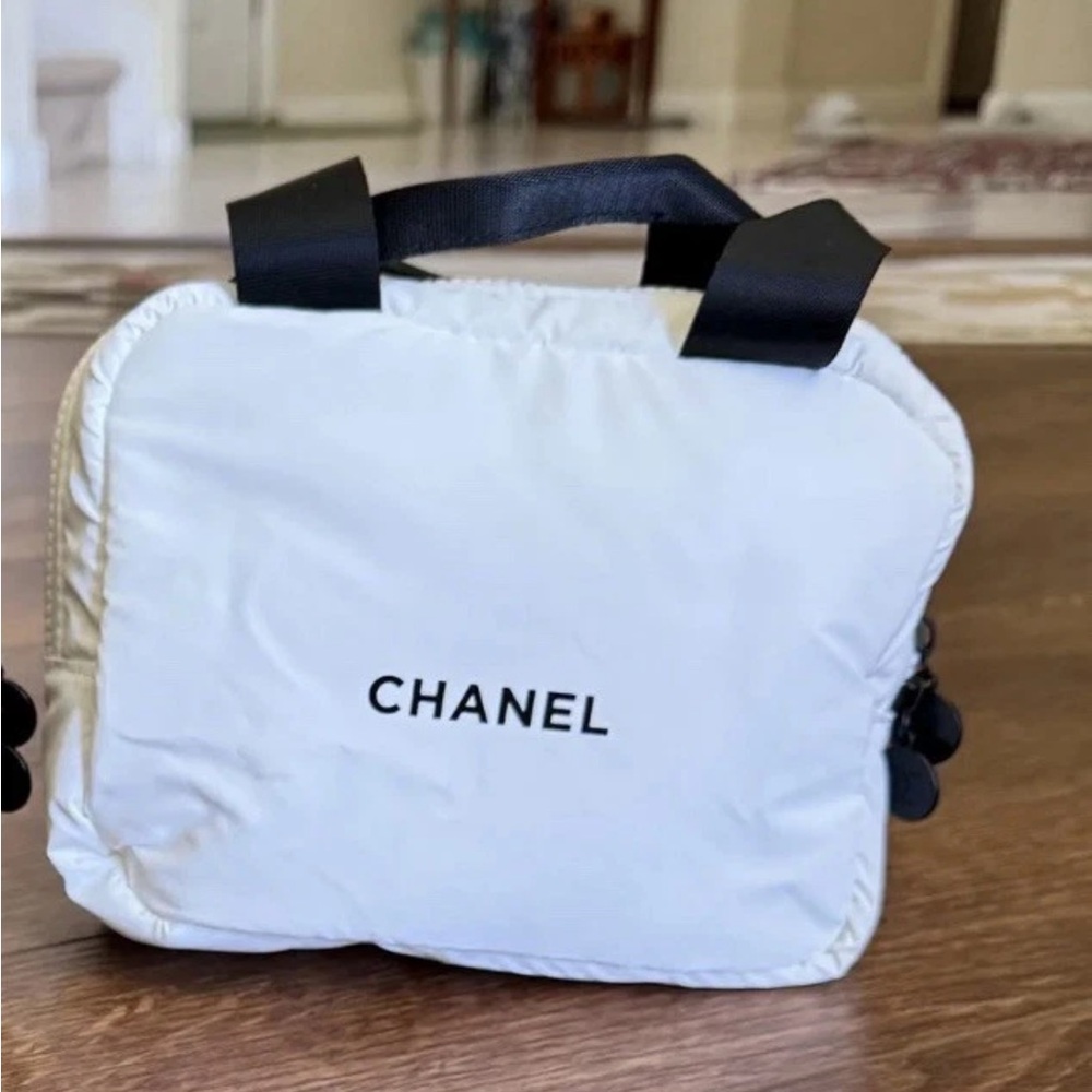 CHANEL White Mini Boston Cosmetic Bag Clutch Makeup Bag with black handles